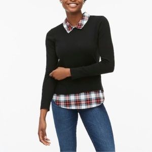 J Crew Black Woven Sweater w/Plaid Hem/Collar